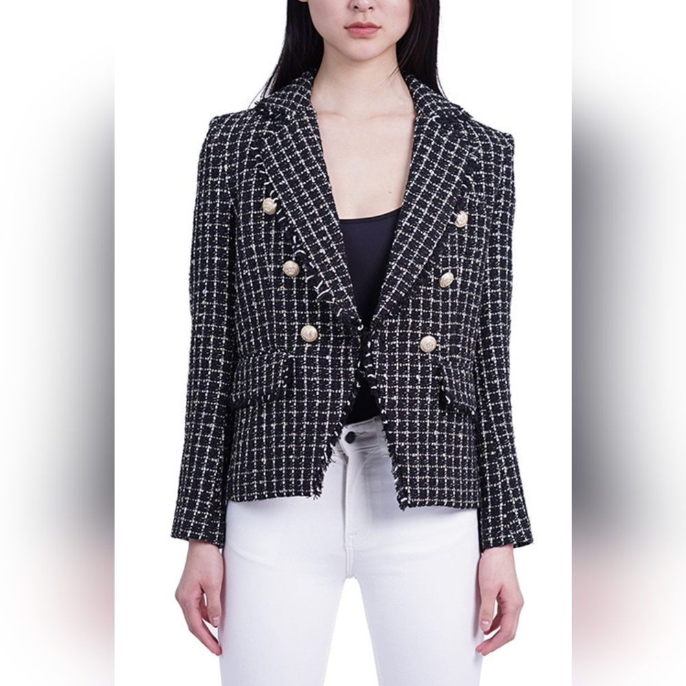 Love Token Fringe Metallic Double-Breasted Blazer/Women's Pink Tweed Bla…
